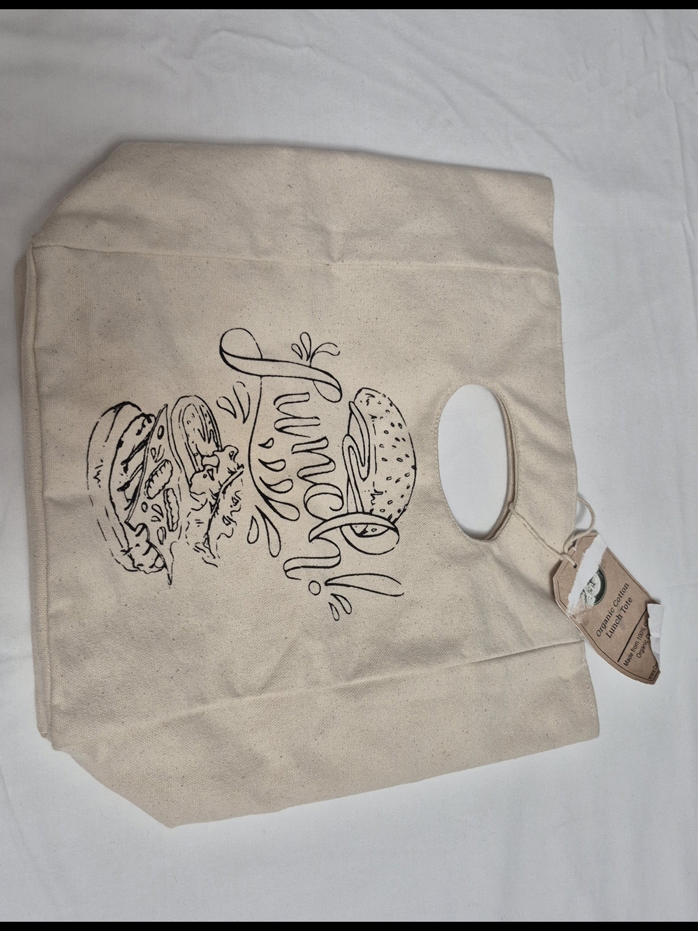Canvas Lunch Tote Bag in Natural with Burger Print - Picture 1 of 6